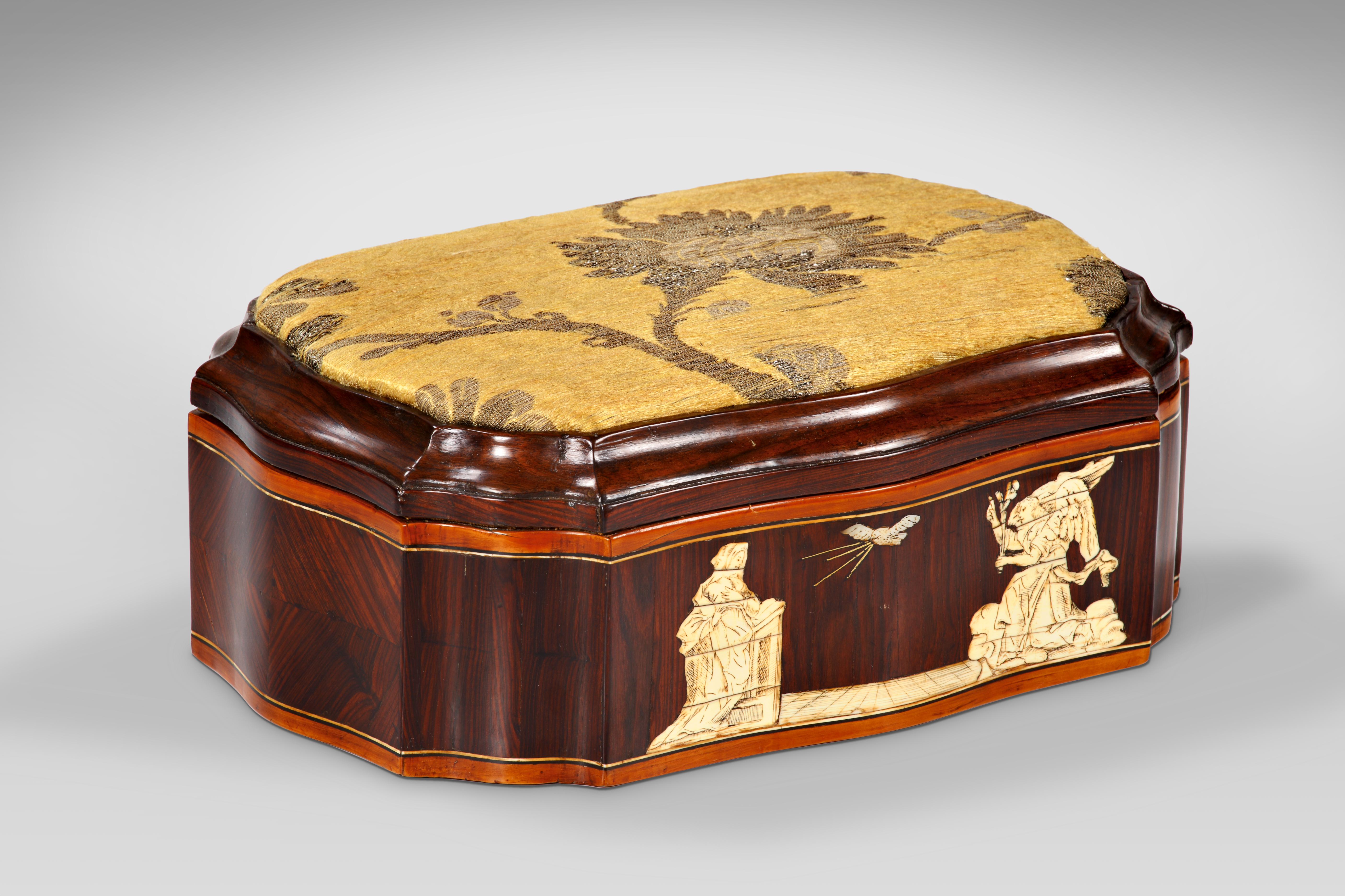 A North Italian Ivory, mother of pearl, brass, boxwood, ebony and Kingwood marquetry box.